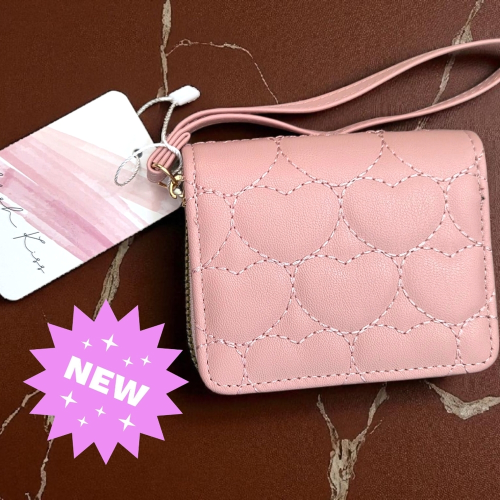 New blush kiss heart embroidered wallet zipped